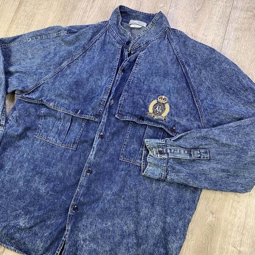 Vintage AJ's Club Acid Wash Denim Indigo Dye Flap Breast Jacket XL‎ Men Shacket